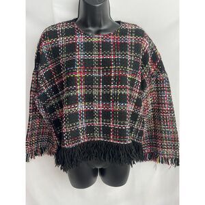 Zara Knit Plaid Fringe Sweater Size XS Black Red Academia Clueless Classy Formal